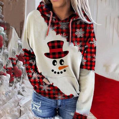 China Christmas 2021 Winter New Women's Clothing Anti-Wrinkle Loose Print Contrast Fleece Casual Hooded Sweater For Women for sale