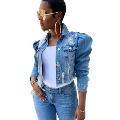 China 2021 Falls Viable Blue Ripped Cropped Denim Jackets Winter Sexy Distressed Holes Denim Jacket For Ladies Coats for sale