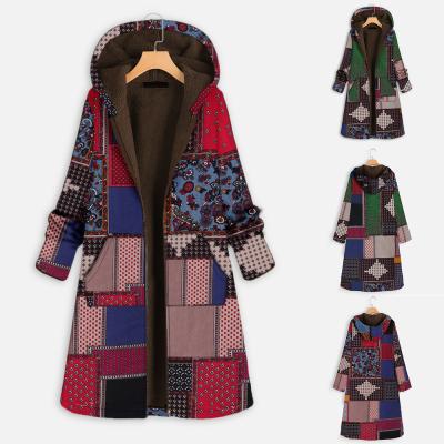 China Winter Vintage Sustainable Women Coat Print Thick Fleece Warm Hooded Long Jacket With Pocket Ladies Outwear Plus Size Coats For Women for sale