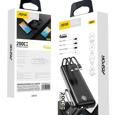 China LED Display ASPOR Black/Gold 10000mAh Polymer Battery Built In Slim Cable Power Bank for sale