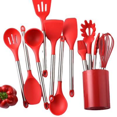 China Viable Hot Sales 12 Pieces Silicone Kitchenware Set With Stainless Steel Handle With Storage Bucket For Kitchen for sale