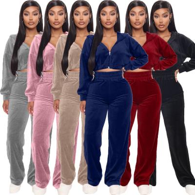 China 2021 Women Autumn Winter Breathable Workout Sexy 2 Piece Tracker Set Sweat Suits Velor Velvet Tracksuits Long Sleeve Pants Two Piece Set for sale