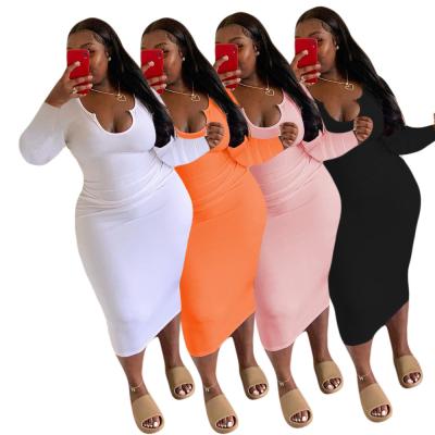 China 2022 Plus Size Dress Women's Washable Clothing Shape Sexy U Neck Long Sleeve Bodycon Slim Women's Causal Dresses for sale