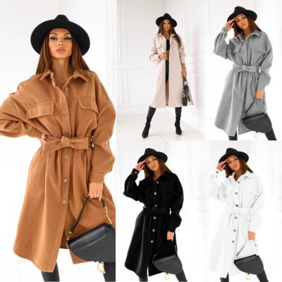 China 2021 Autumn Winter Fashion Women's Long Winter Coat Worsted Collar Lapel Cross Grain Belted Shawl Anti-Wrinkle Women's Coat For Ladies for sale