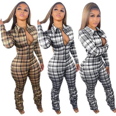 China 2022 Spring New Design Plaid Long Sleeve Zipper Women One Piece Jumpsuit Overalls Elegant Casual Stacked Gaiters Rompers Womens Anti-Pilling Jumpsuit for sale