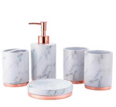 China Sustainable Quality Luxury Ceramic Natural Marble Rose Gold Bathroom Hotel Home Toilet Five Piece Set Bath Bathroom Accessories for sale