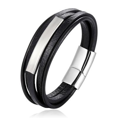 China CLASSIC Popular Men's Multilayer Leather Rope Bracelet Stainless Steel Bangle Fashion Jewelry for sale