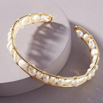 China European and American winding copper natural bead charm gold bangle jewelry opening bangle with beads for sale