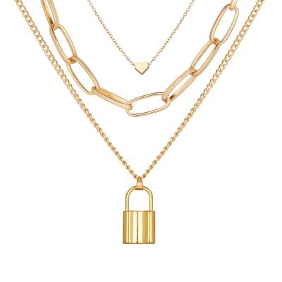 China Fast delivery creative women alloy heart-lock simple pendant necklace gold alloy multi - layer fashion jewelry for sale