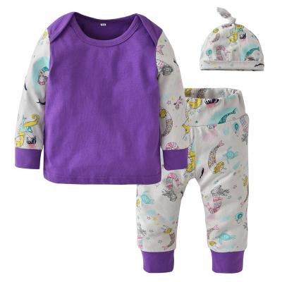 China Wholesale Antibacterial Newborn Baby Jumpsuit Mermaid Patchwork Top + Pants +Hat 3PCS Baby Set for sale