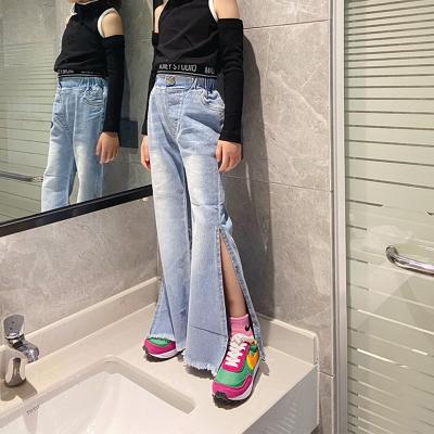 China Color Fade Proof Girls jeans 4-14 years flared pants 2021 new high waist slim leg pants wide leg jeans for sale