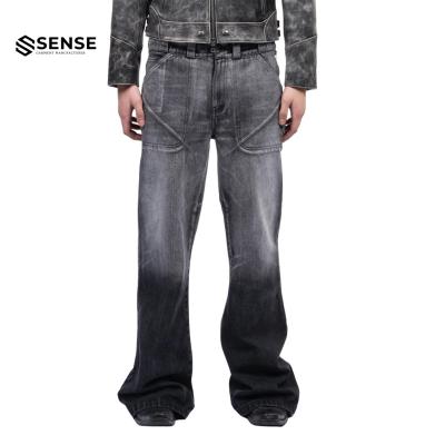 China SENS SUSTAINABLE Custom OEM&ODM Gray Washed Baggy Vintage Flare Stacked Heavy Denim Mens Unisex Jeans for sale