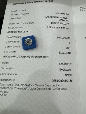 China 2.09CT E VS1 3EX CVD de corte redondo diamante cultivado certificado IGI LG624443136 en venta