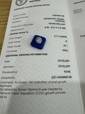 China 2.17CT G VS1 3EX CVD Lab Created Diamond Round Cut IGI Certificate LG624443138 for sale