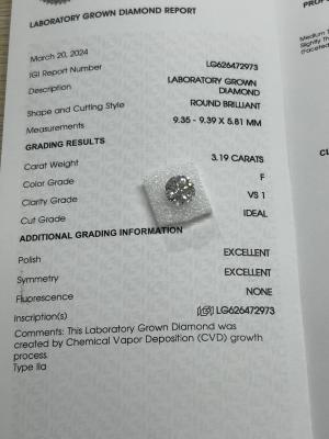 China 3.19CT F VS1 3EX CVD cultivado en laboratorio Diamante de corte redondo Certificado IGI LG626472973 en venta