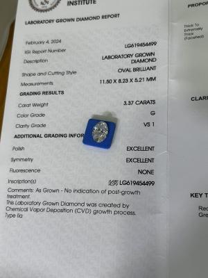 Cina 3.37ct Diamante artificiale Ovale Brillante Taglio CVD G VS1 2EX N IGI LG6169427133 in vendita