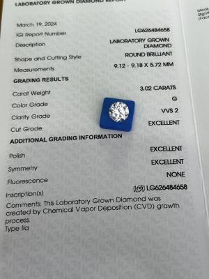 China 3.02ct CVD Laboratorio Diamante de corte redondo G VVS2 3EX N Certificado IGI en venta