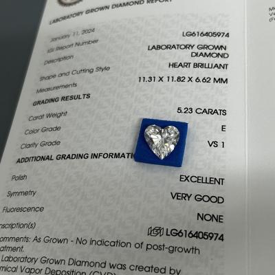 中国 5.23ct 成熟した輝き ダイヤモンド 心臓切断 CVD E 色 VS1 透明度 2EX N IGI 販売のため