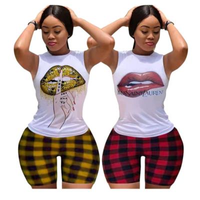 China QUICK DRY Lip Printed White T-shirt Set Women Casual Grid Print Shorts Two Piece Set Women Clothing for sale