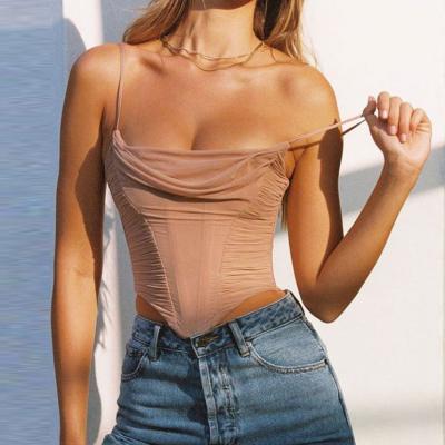 China QUICK DRY Fashion Solid Color Fold Over Mesh Draped Cami Top Romantic Mini Crop Spaghetti Straps Corset Top For Women Summer Clothes for sale