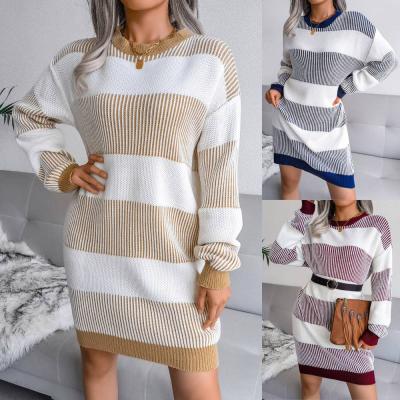 China Factory Custom Anti-wrinkle Winter Striped Casual Loose Dress Women Acrylic Knitted Sweater Dress for sale