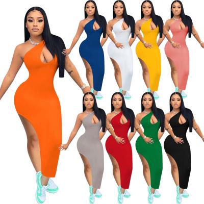 China Anti-static NK246 ladies hollow out shoulder oblique sundresses 2021 women dress with split dresses women for sale