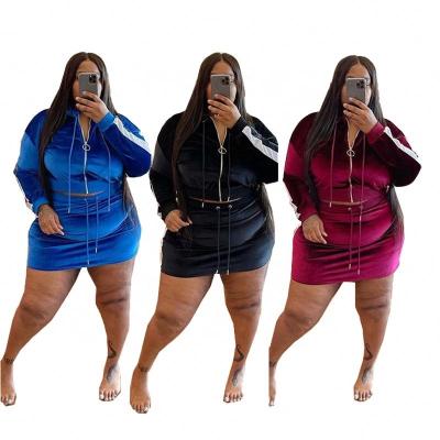 China Fashion Viable New Trend Short Skirt And Hoodie Sets Splicing Plus Size Women Clothing Long Sleeve Velvet 2 Piece Set for sale