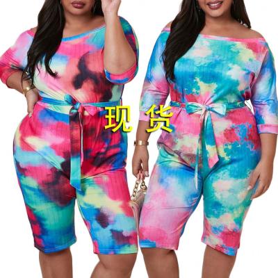 China 2022 breathable new fashion jumpsuit women loose plus size off the shoulder multi color draw dye tying leisure shorts overalls for sale