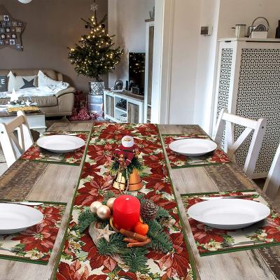 China Elegant Rectangle Tapestry Christmas Poinsettia Design Waterproof Table Runner Rugs and Runners with Tassels for Xmas Winter Holidays for sale