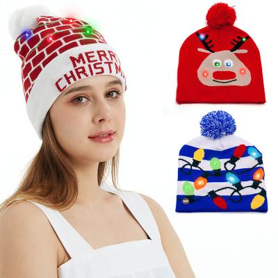 China Christmas Wear 2021 New Christmas Knitted Hat For Adults And Children Christmas Color LED Knitted Hat for sale