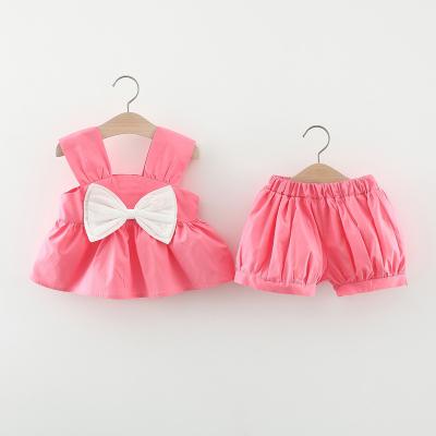 China Washable Girls suit Trendy summer top with straps with shorts with large bow solid color Two-piece set Girls clothes for sale