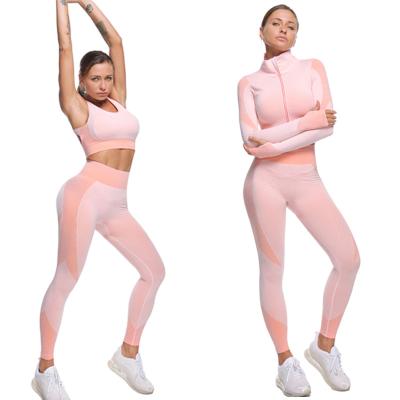 China Hot Selling Seamless Women's Running Activewear 3pcs Breathable Long Sleeve Fitness Suit Sports Sportswear Bra Gaiters Gym Yoga Set for sale