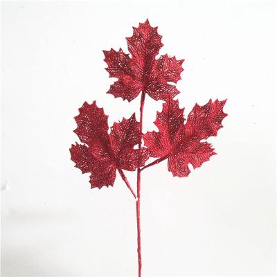 China Christmas Decoration Glitter Leaves Pick 3 Plastic Spray For Christmas Decoration for sale