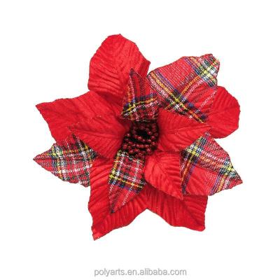 China Non-Toxic Christmas Flower Fabric Poinsettia Flower With Poinsettia Flower Clip Christmas Plaid Fabric for sale