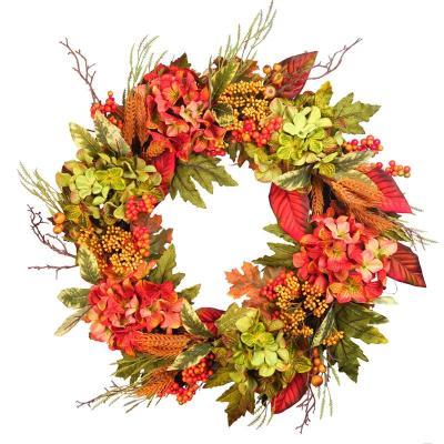 China Home / Wedding Decoration Artificial Autumn Hydrangea Flower Wreath With Leaves And Ear Of Wheat for sale