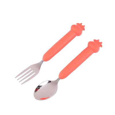 China Sustainable Kids Self Feeding Baby Training Tableware Set Silicone Stainless Steel Spoon And Fork Set For Kids for sale