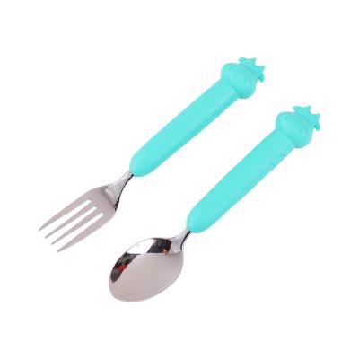 China Durable Non-Toxic Silicone Handle Children Spoon And Spoon Set Stainless Steel Baby Fork And Spoon Set for sale