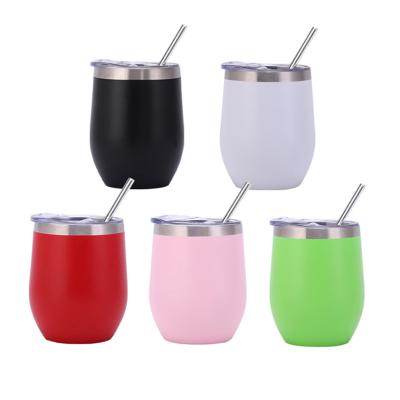 China Viable Custom Logo Personalized 12oz Powder Coated Double Lid Wall Stainless Steel Insulated Wine Tumbler for sale