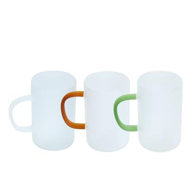 China New Arrival 2021 Viable Styles 12oz Clear And Frosted Glass Sublimation Masks White Coffee Mugs With Colored Handle for sale