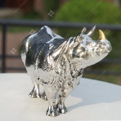 China Small Stainless Steel Cast Animal Sculpture Walking Rhino For Collection for sale