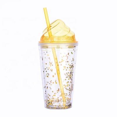 China Viable Custom Logo 450ml Cup Bottle Acrylic Drinking Plastic Cups Bulk Double Walled Ice Cream Tumbler With Straw for sale