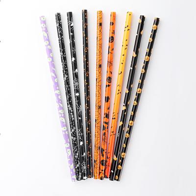 China Disposable Reusable PP Print Plastic Drinking Straws Eco-friendly Halloween Pumpkin Spider Bat Printed Straws With Design for sale