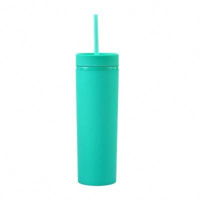 China Custom Viable 16oz Double Wall Reusable Acrylic Plastic Water Coffee Mug Tumbler Matte Skinny Cups Bulk With Lid And Straw for sale