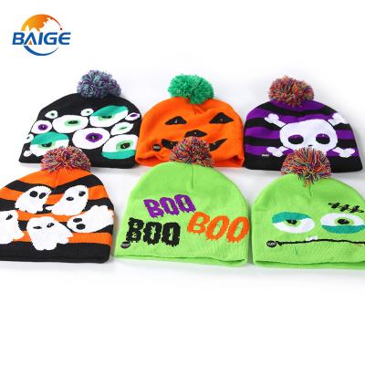 China Party Halloween LED Solid Color Hat Knitted Funny Acrylic Pumpkin Skull Hat for sale