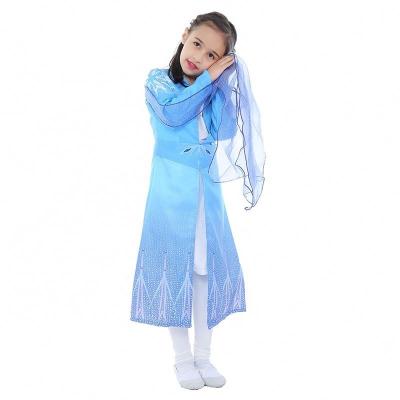 China New Breathable Cute Yarn Cosplay Elsa Girl Dress Cheap Net Blue Long Sleeve Dress for sale