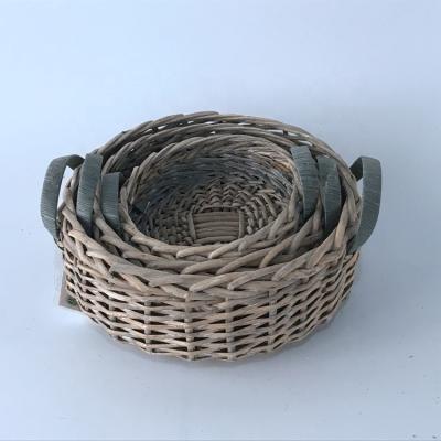 China China Customized Design Gray Color Round Shaped Wicker Basket Large Capacity Storage Willow Basket With Handle for sale