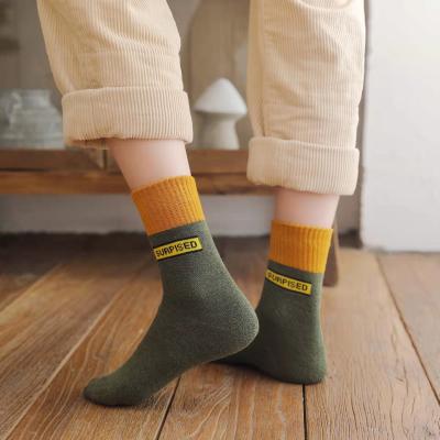 China Newly Design Antibacterial Fashion Heated Socks Women Girls High Quality Novelty Terry Sock With English Letter for sale