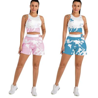 China 2021 Breathable Summer Best Selling Short High Waist Tie Dye Pink Yoga Sets Women Seamless Tie Dye Yoga Set for sale