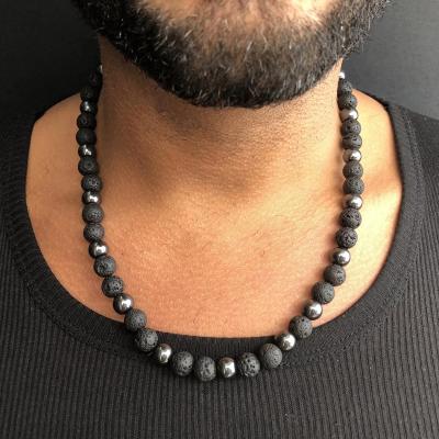 China 2022 Fashion Round Men's Necklace 8mm Simple Classic Handmade Lava Hematite Stone Bead Necklace For Men Jewelry Gift for sale