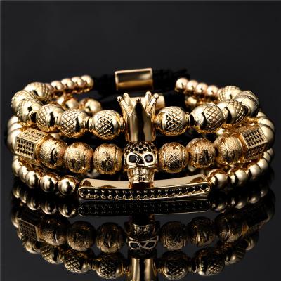 China 3pcs/set Vintage Crown SKULL Men's Bracelet Sets Handmade Vintage Bead Bracelet For Men's Jewelry Gift for sale